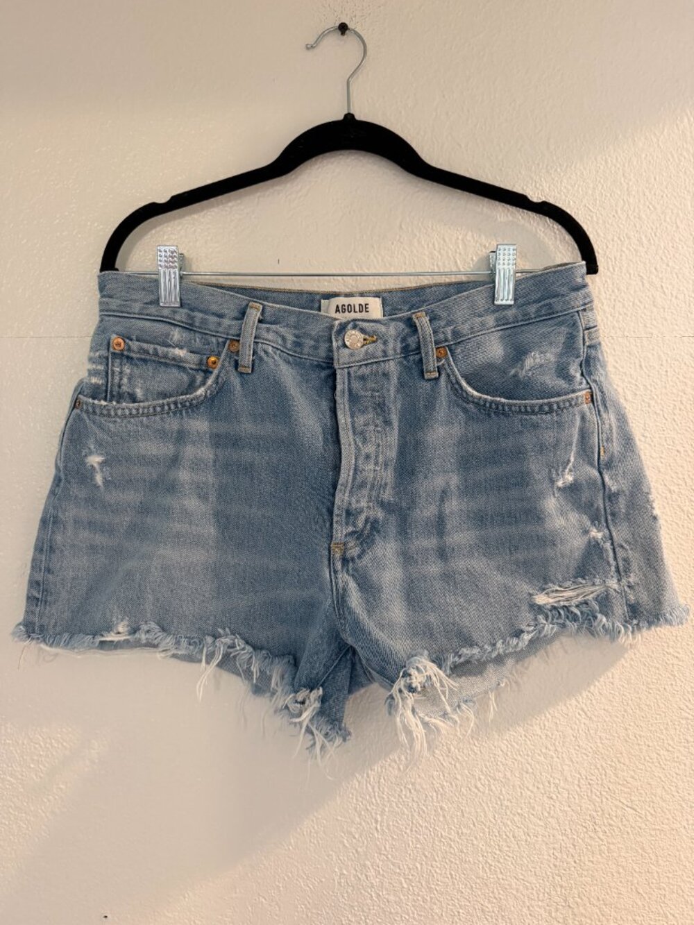Agolde "Parker" Vintage Distressed Cut Off Denim Shorts, Size 29